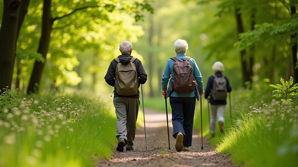 Group of mature adults walking together on tree-lined woodland path, bright daylight filtering through leaves, natural walking pace