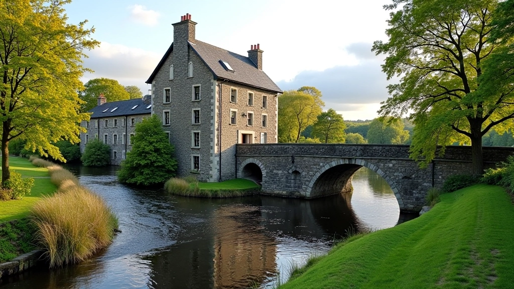 Historic mill building beside river with countryside landscape