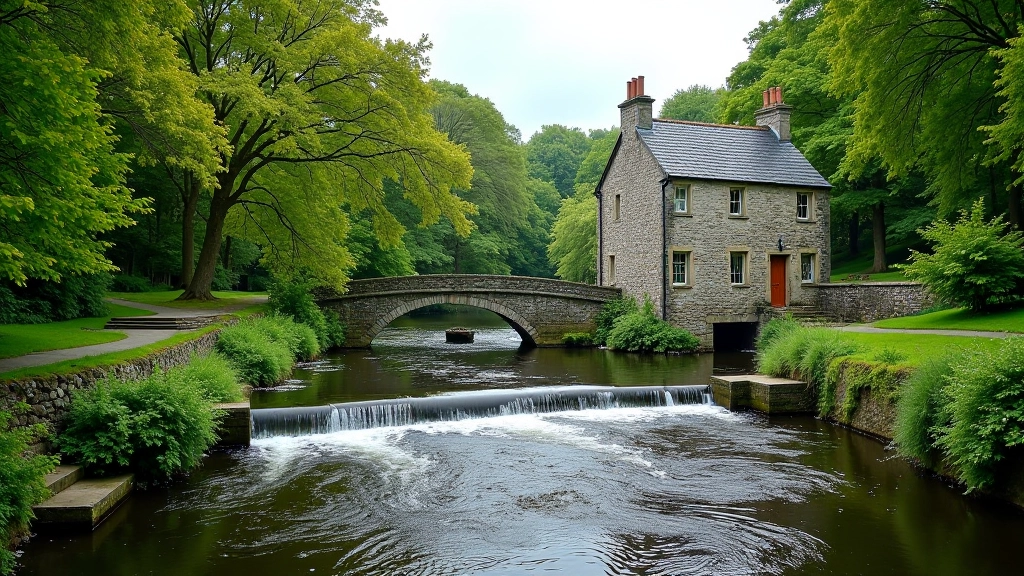 Historic stone mill building beside flowing river with weir, surrounded by green vegetation and walking paths