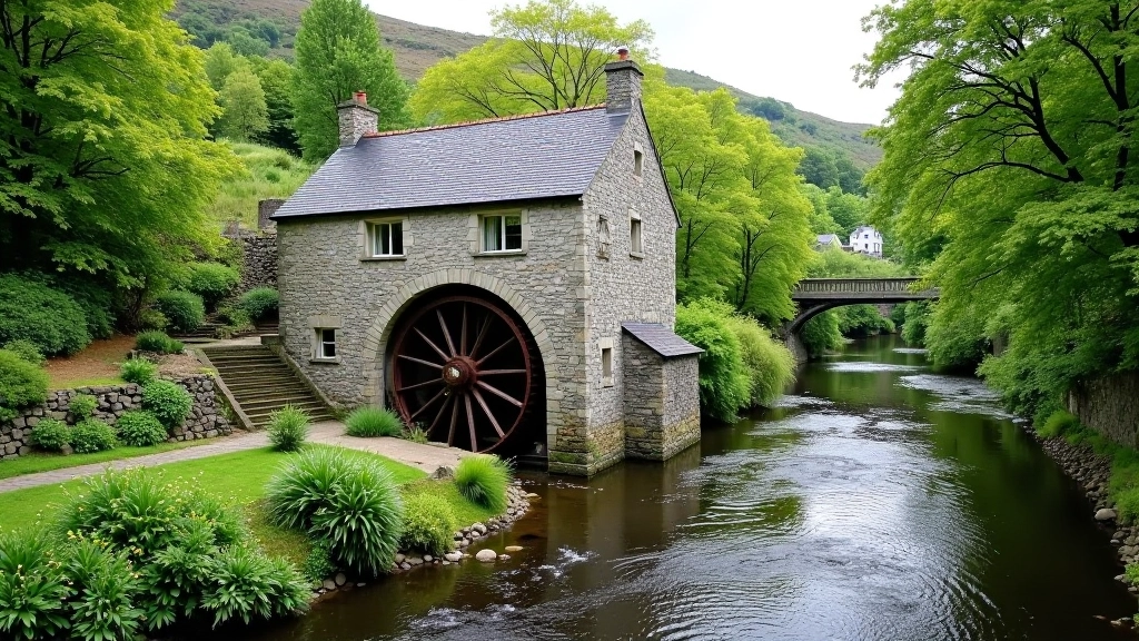 Historic stone mill building beside flowing river, water wheel structure, lush riverside vegetation, countryside setting, heritage architecture