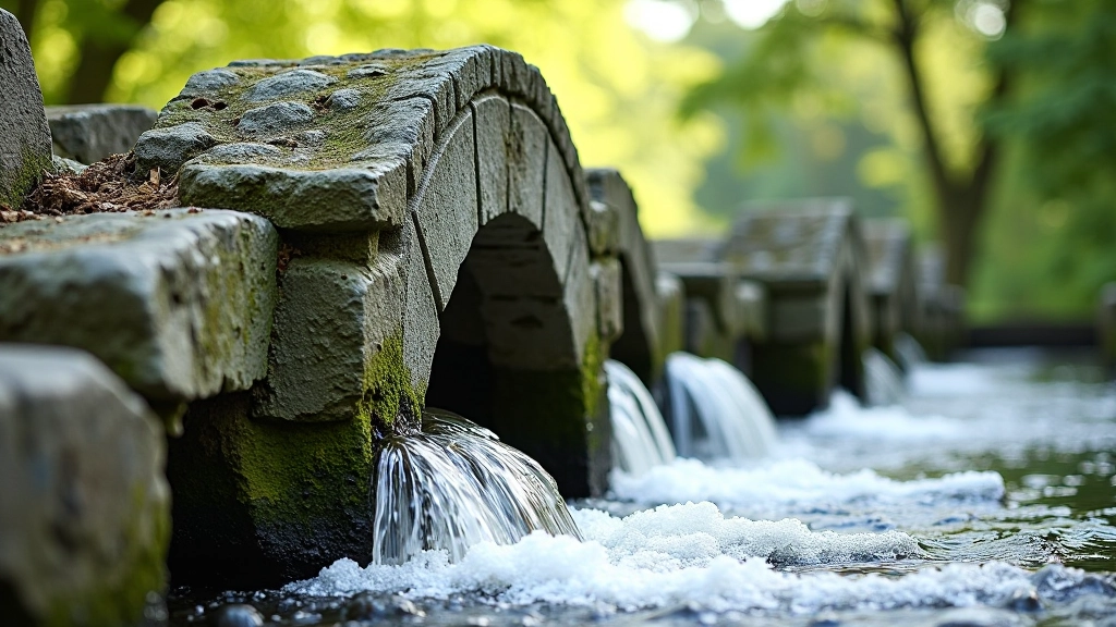 Close-up detail of historic stone weir structure showing engineering craftsmanship and water flowing through channels