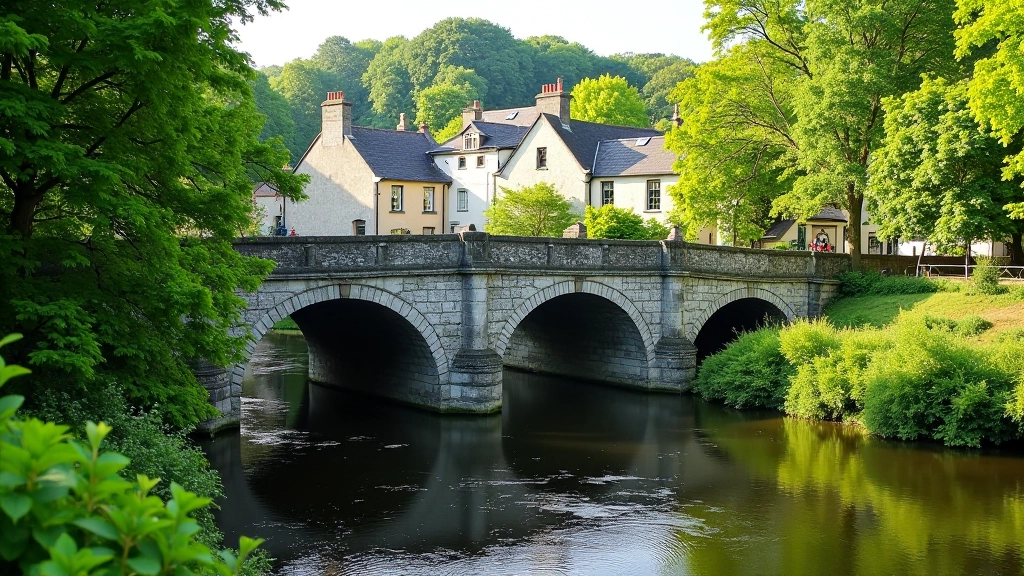 Inistioge medieval bridge spanning the Nore River with stone arches, surrounded by green riverside vegetation and historic buildings