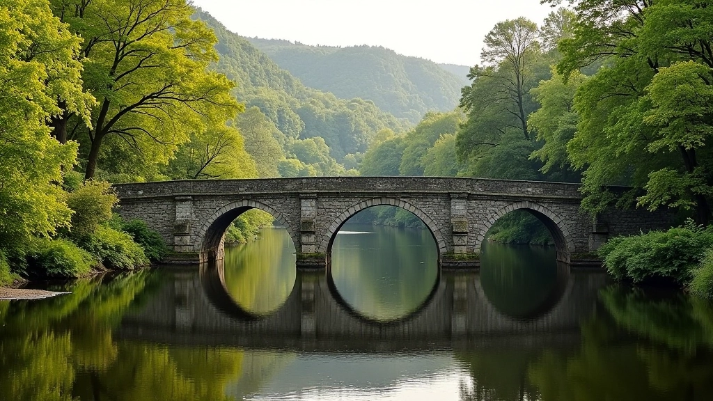Medieval bridge spanning across river with stone architecture and calm water reflection