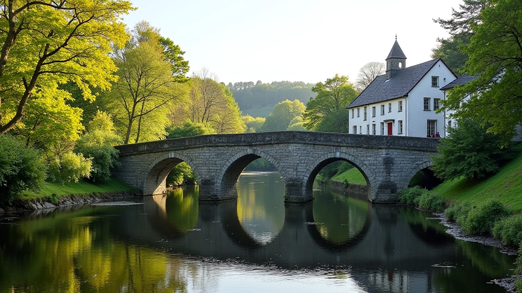 Medieval stone bridge spanning river with village buildings and trees reflected in calm water