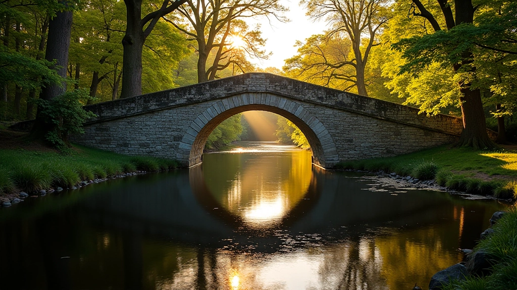 Medieval stone bridge spanning peaceful river, golden light on water, trees reflected, historic architecture detail