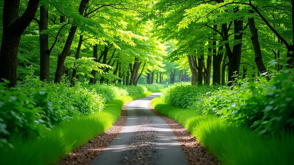 Nore Valley woodland trail with shaded forest path, green vegetation on both sides