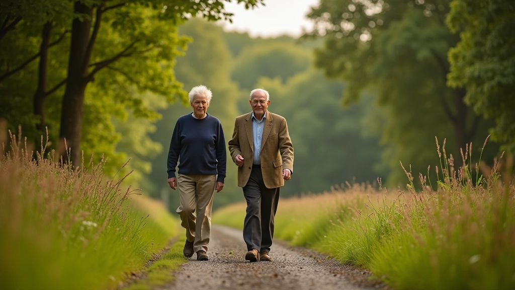 Older adults walking together on country path in countryside setting