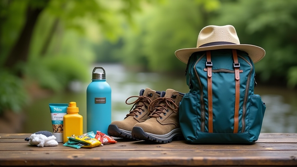 Neatly arranged walking gear including water bottle, hiking boots, hat, jacket, and backpack on wooden table