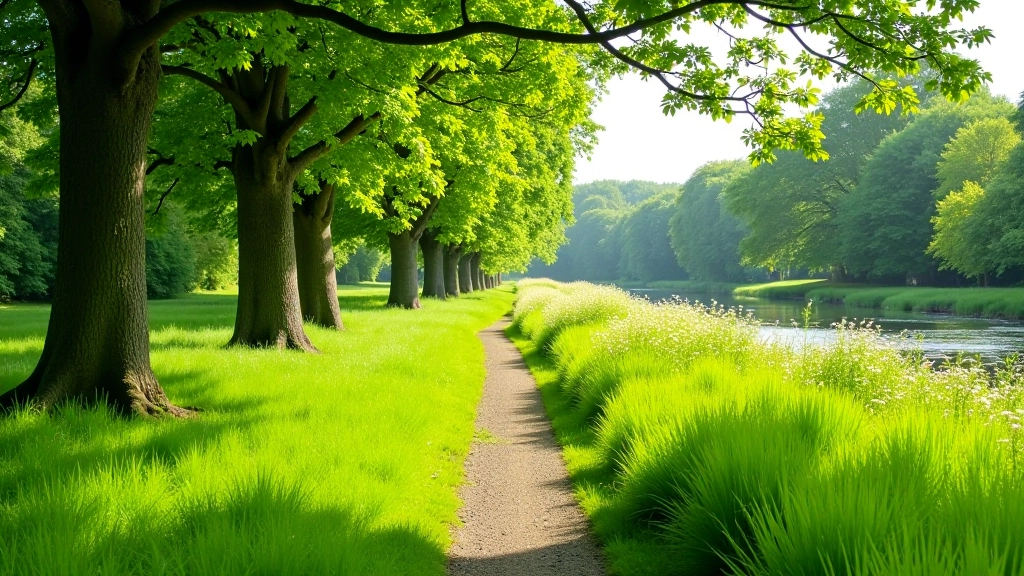 Scenic meadow path with river visible in distance, lined with mature trees and wildflowers