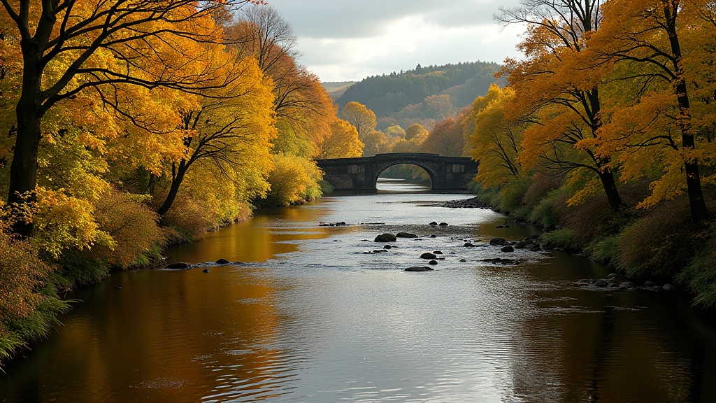 Scenic riverside path through Inistioge with autumn foliage and calm water reflecting trees