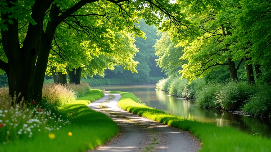 Riverside walking path with river Nore flowing beside, overhanging trees providing shade, flat easy terrain with wildflowers on the banks