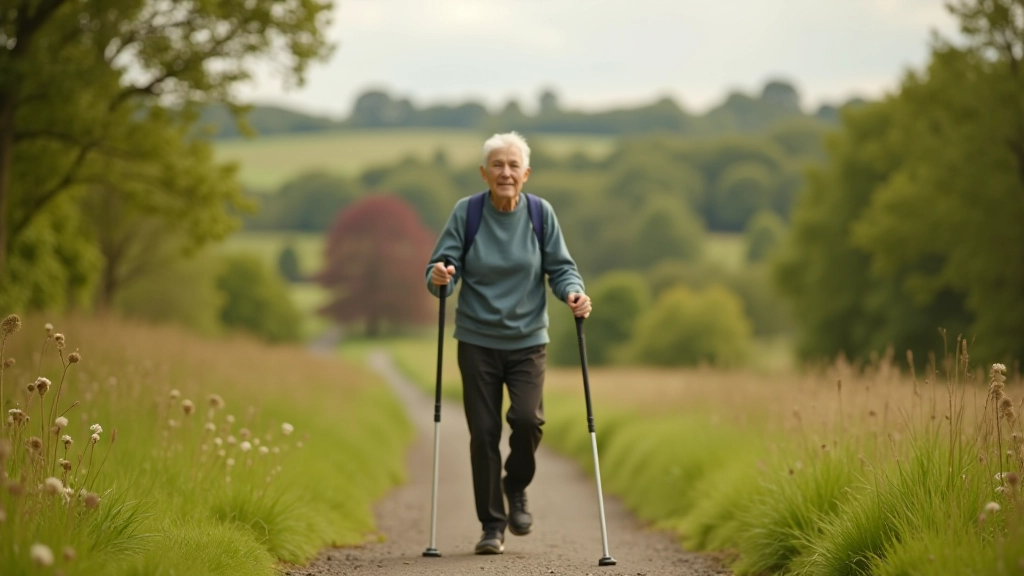 Senior person walking on easy terrain with walking poles, scenic countryside background