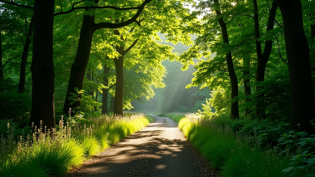 Shaded woodland path with dappled sunlight filtering through dense tree canopy