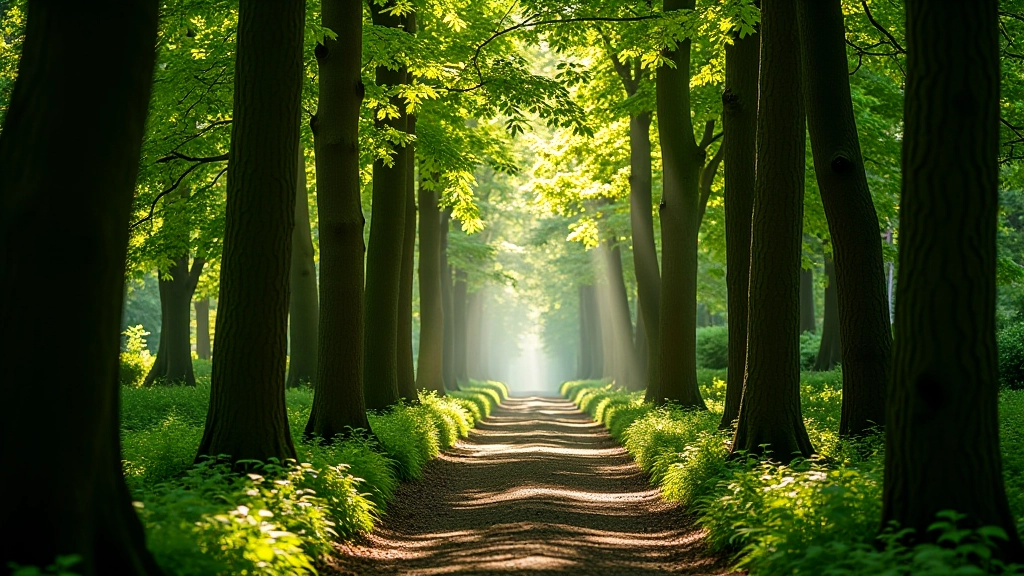 Forest canopy of tall trees creating dappled light on woodland path in Nore Valley