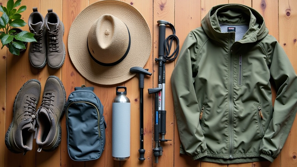 Walking essentials laid out: comfortable hiking boots, water bottle, sun hat, light jacket, and walking poles on a table