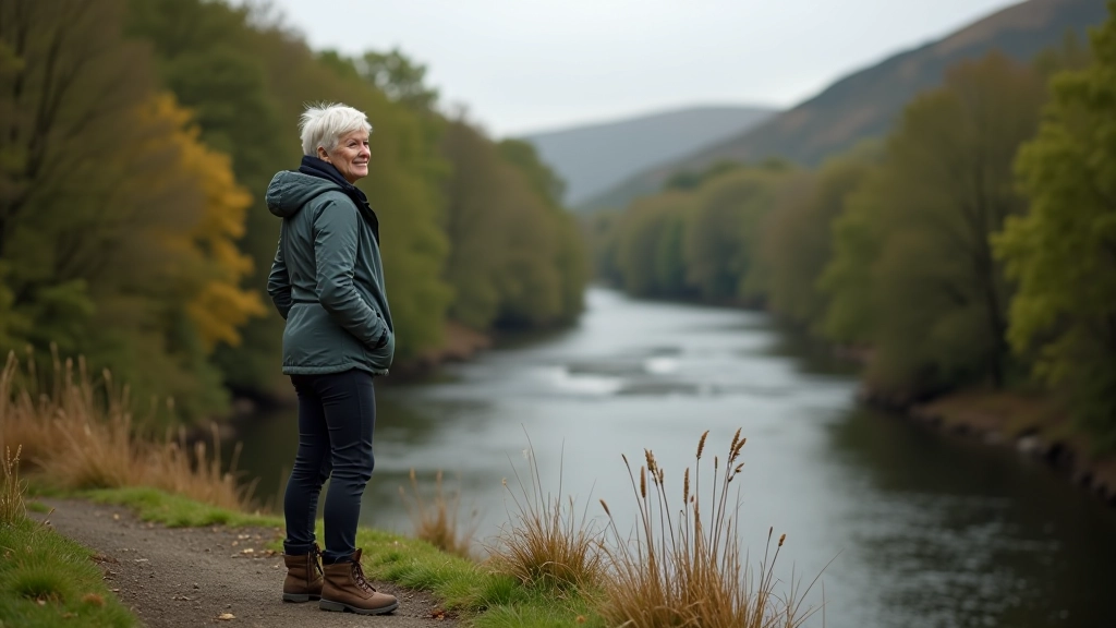 Síle O'Brien at a riverside viewpoint in the Nore Valley, surrounded by woodland