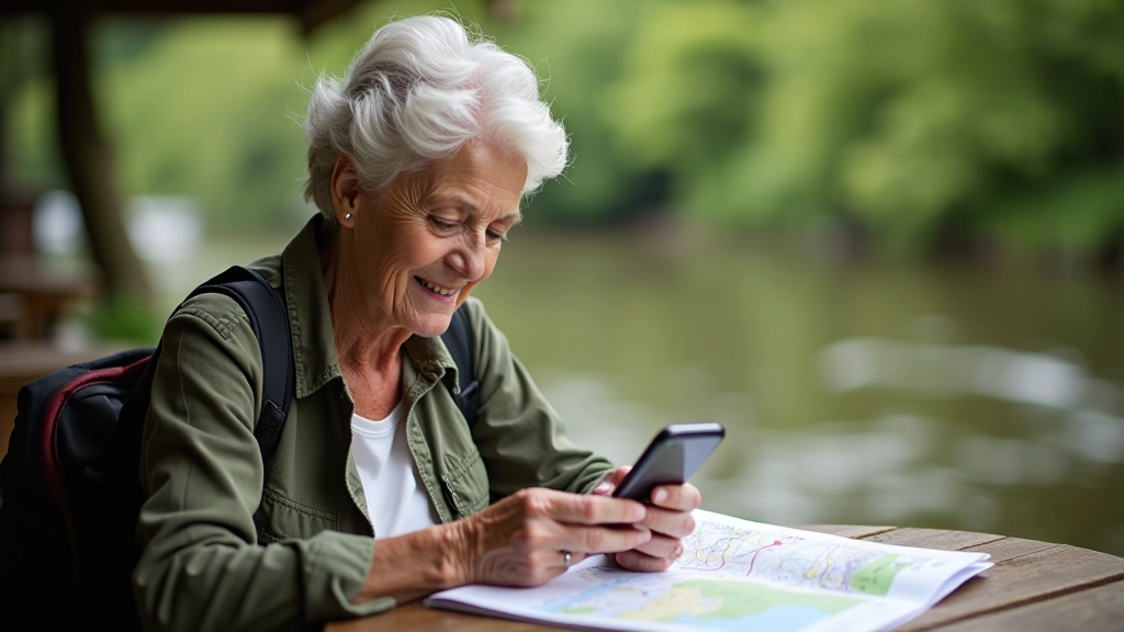 Senior woman checking route map on smartphone with printed trail guide, sitting at outdoor café table