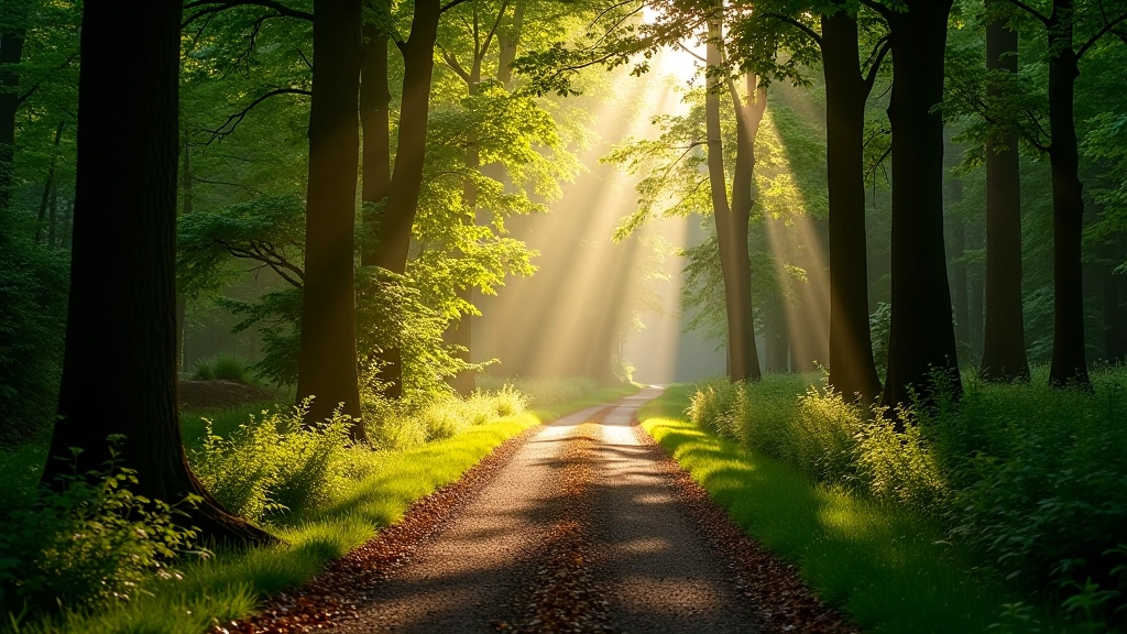 Woodland path with morning light filtering through leaves, peaceful forest atmosphere